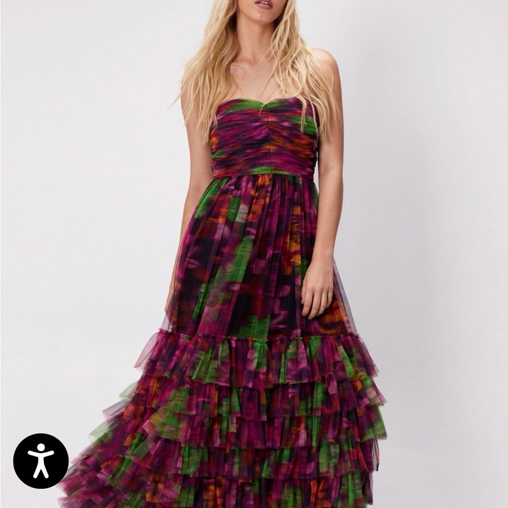 Nasty Gal Floral Print Tulle Bandeau Maxi Dress, Vibrant Strapless Dress
